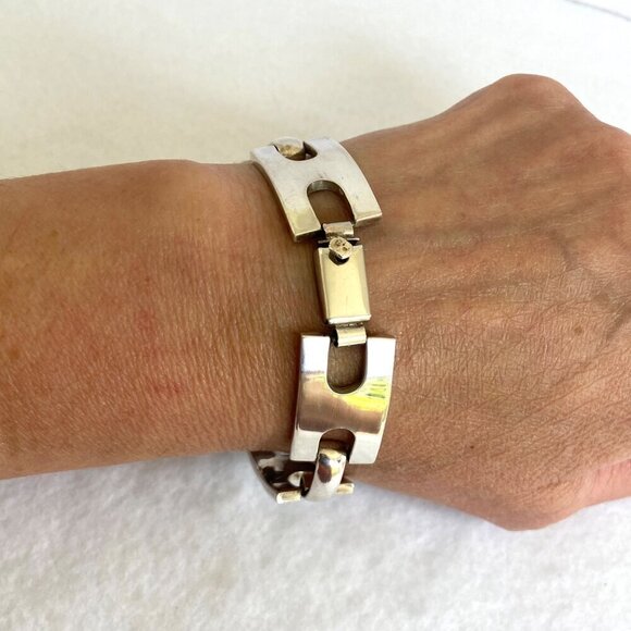 Solid Sterling Silver 925 Heavy Modernist Style Rectangular Link Bracelet 47g - Picture 5 of 16